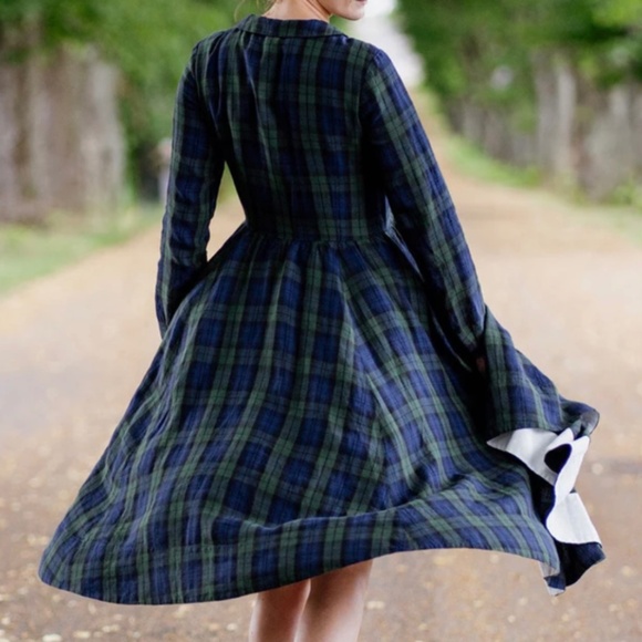 SON DE FLOR Classic Tartan Plaid 100% Linen Dress XL - Picture 2 of 6